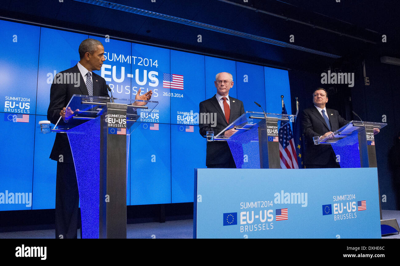 visit by US President Barack Obama to Brussels were, left to right, Barack Obama, President, United States of America. Herman Van Rompuy, President, European Council. Jose Manuel Barroso, President, European Commission. Stock Photo