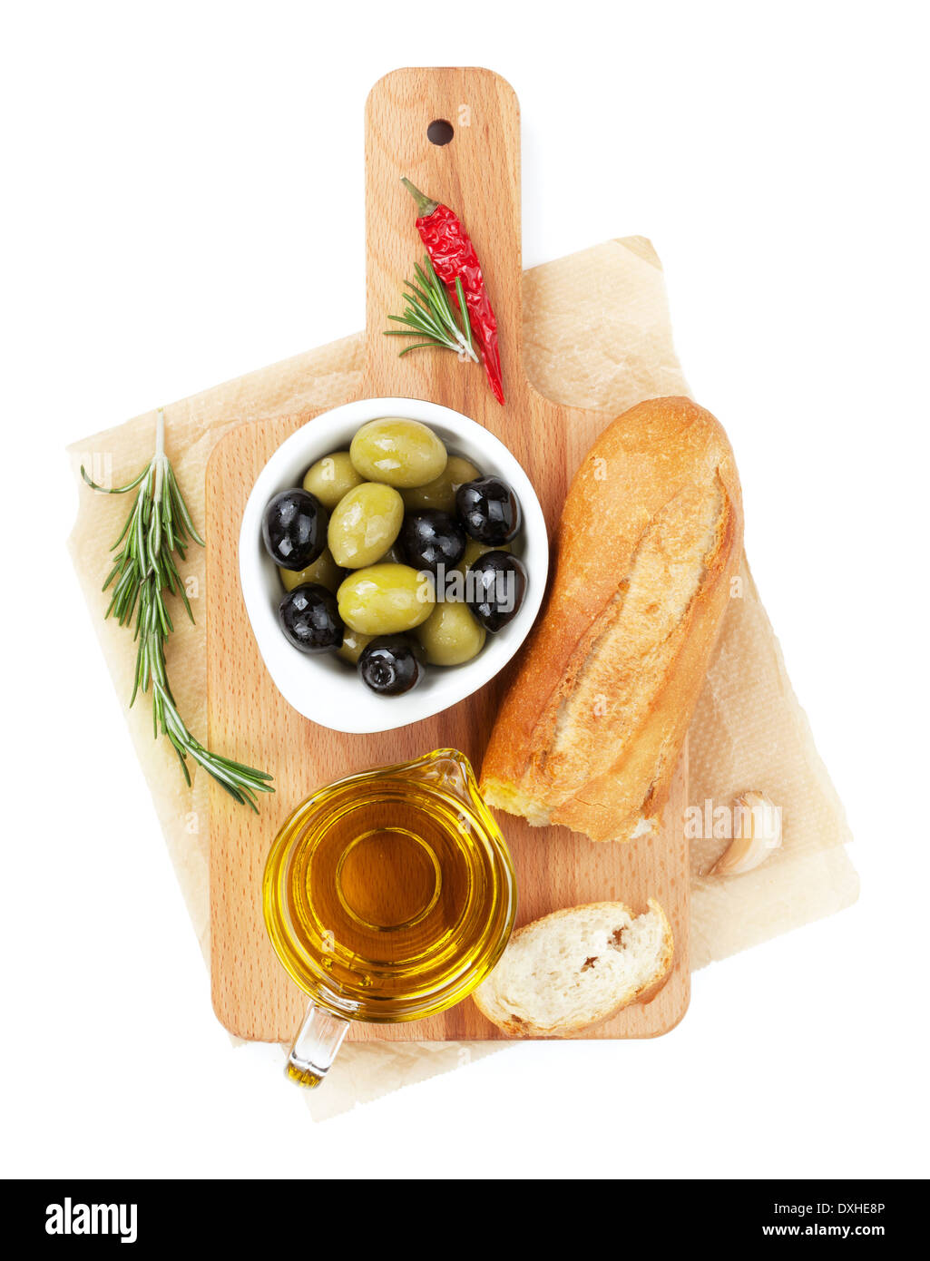 Italian food appetizer of olives, bread, olive oil and spices. Isolated