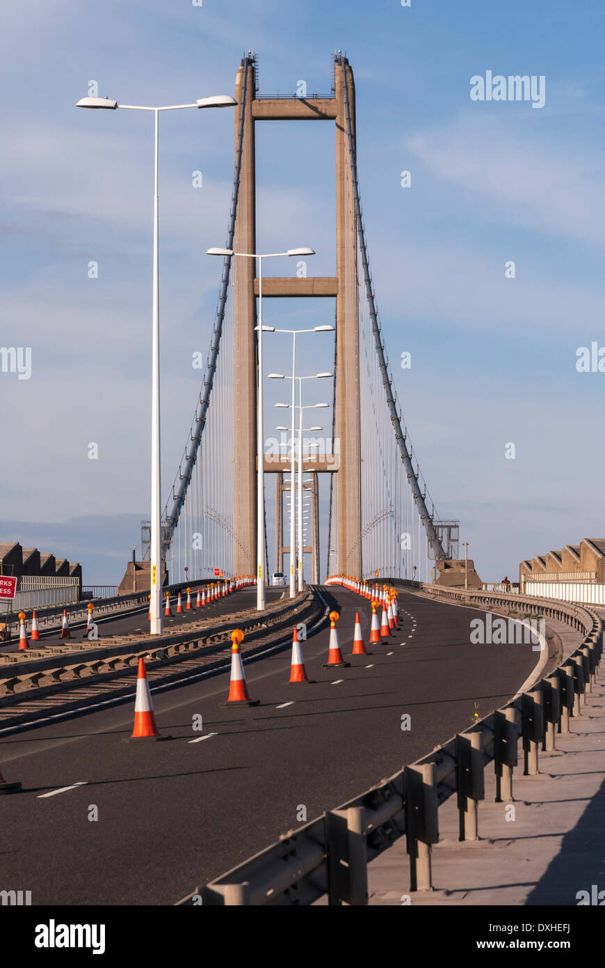 Humber Bridge with coned off lanes Stock Photo