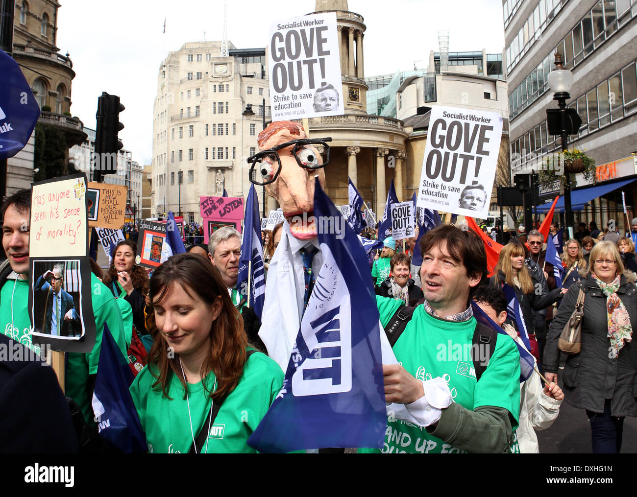 Thousands of Teachers strike and marched through central London in protest against Education Secretary Michael Gove's proposed pension cuts and education reforms including performance-related pay and longer hours in central London, UK, on Wednesday, 25 March, 2014. Stock Photo
