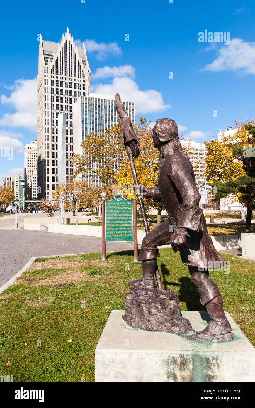 Statue of Antoine de la Mothe Cadillac, founder of Detroit. Hart Plaza, Detroit, Michigan, USA. Stock Photo