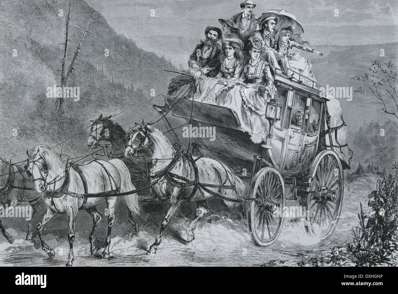 England. Travel. Stagecoach. Engraving. 19th century Stock Photo