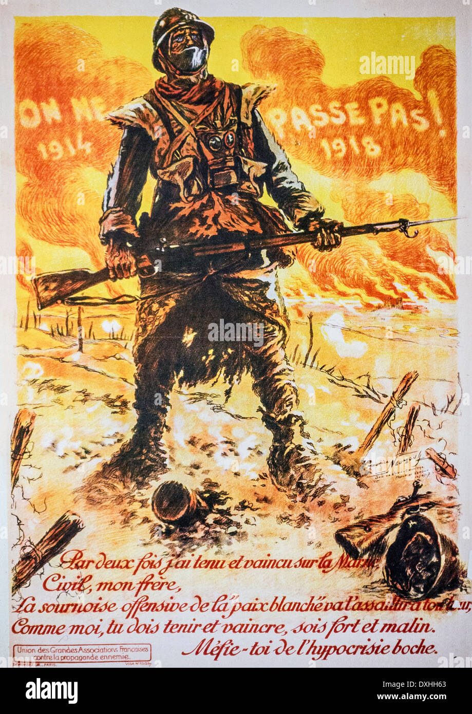 Vintage WWI propaganda poster showing French soldier from the First World War One defending France Stock Photo