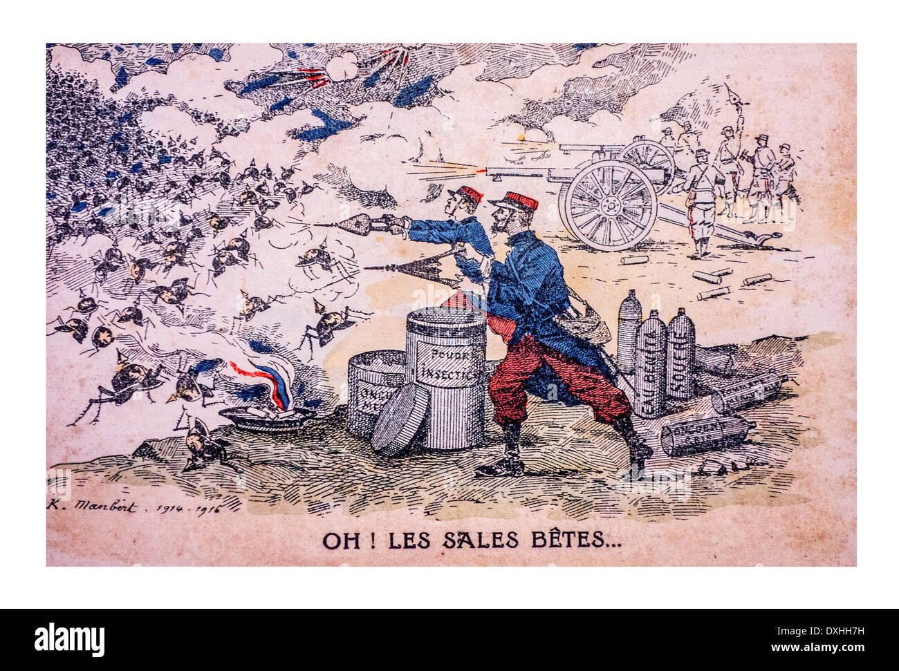 Vintage WWI cartoon showing French First World War One soldiers fighting Germans depicted as bugs Stock Photo