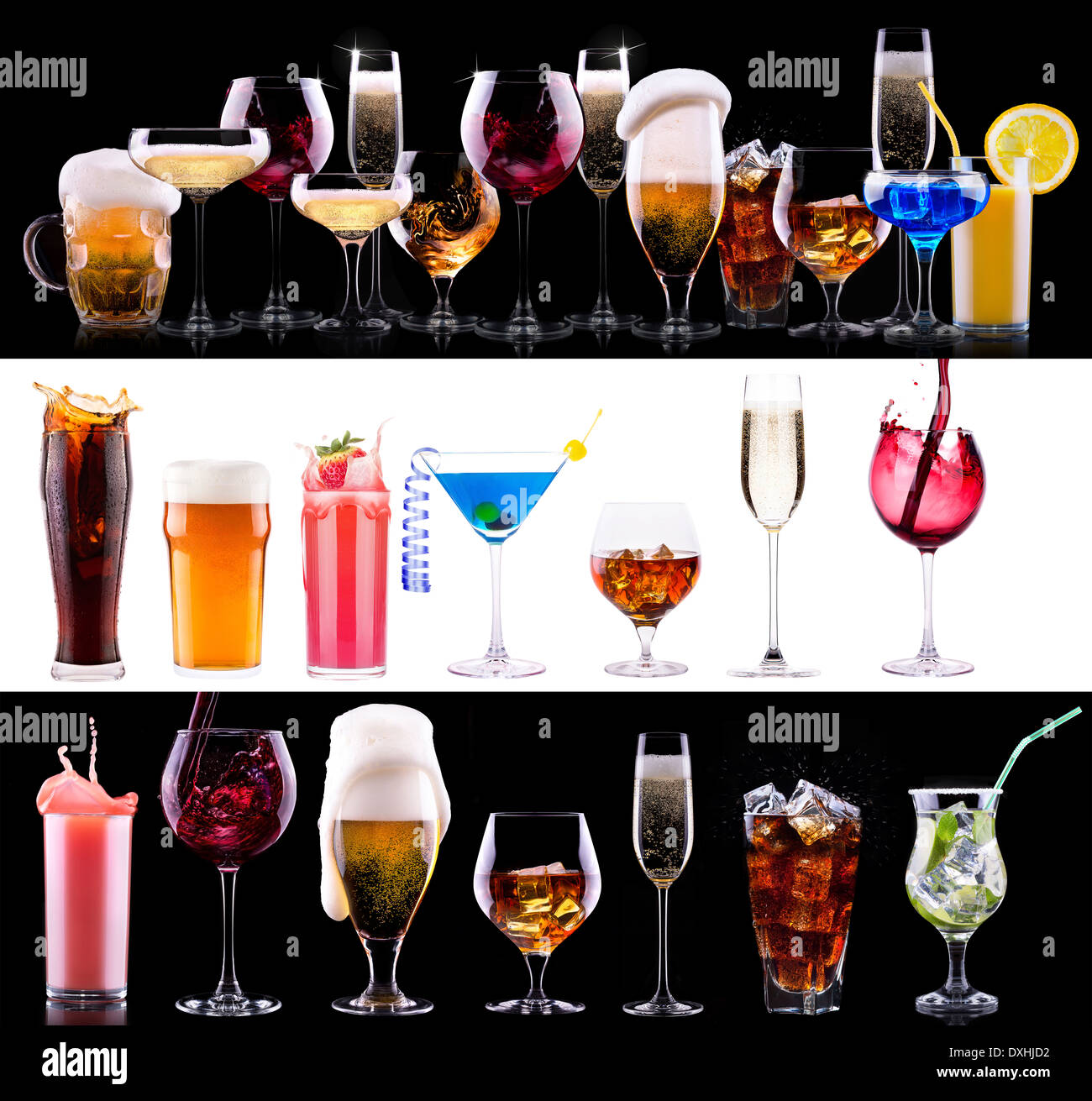 different alcohol drinks set beer, wine, cocktail,juice, champagne