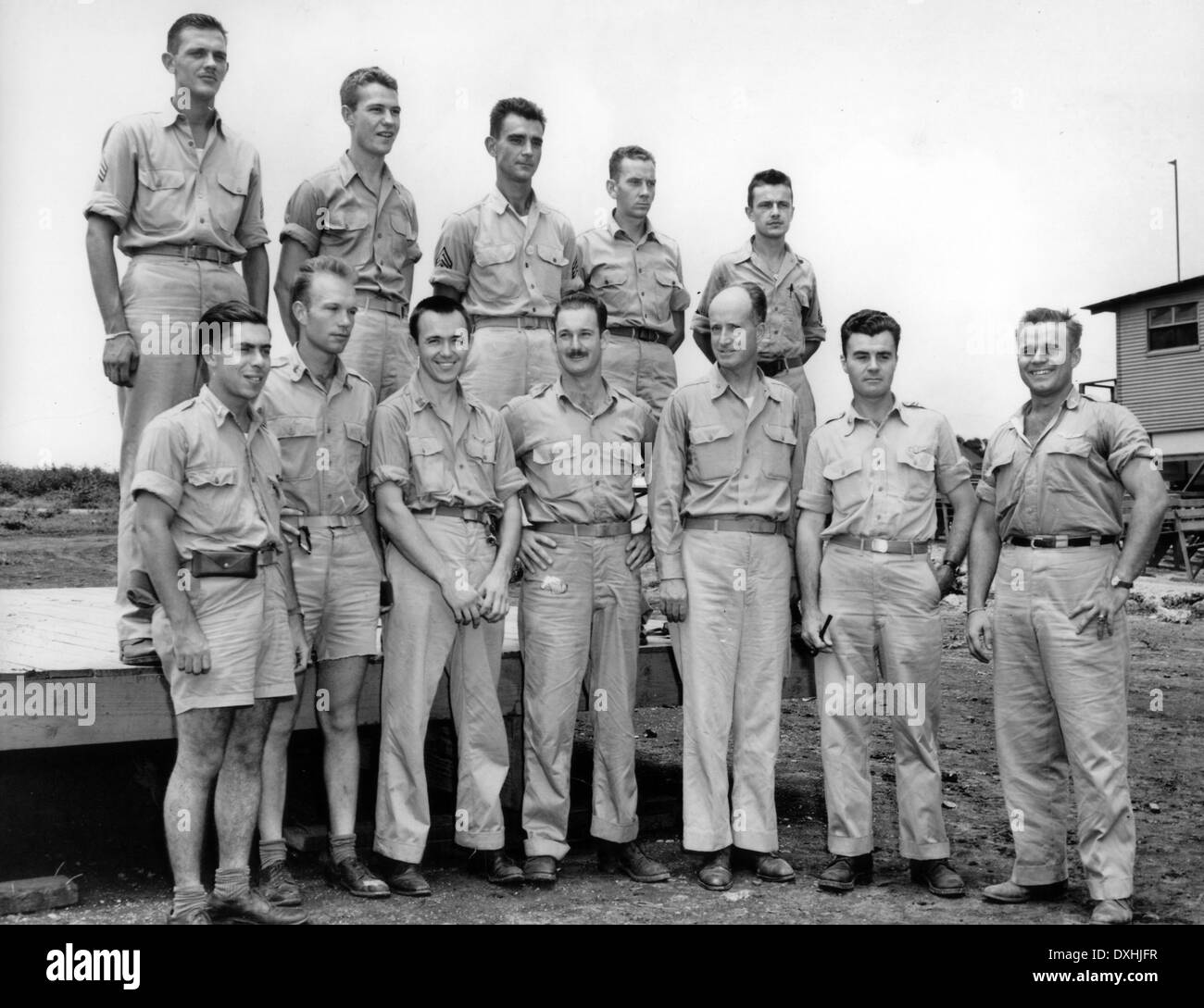 ENOLA GAY Crew of the B29 Superfortress after dropping the first atomic bomb on Hiroshima on 6 August 1945. See Description belo Stock Photo