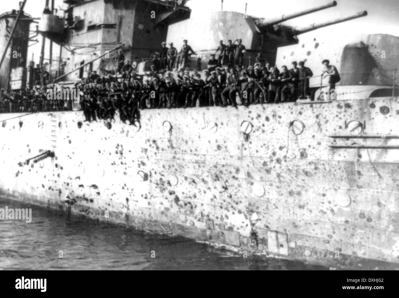 HMS PENELOPE  at harbour Malta in June 1942 showing the damage that earned her the nickname HMS Pepperpot Stock Photo