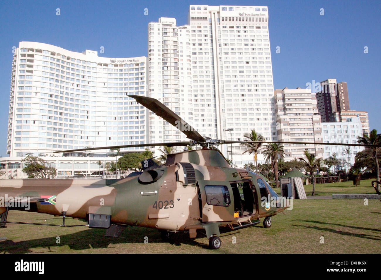 South African Military helicopter lands on beach front in Durban South Africa. Helicopter Stock