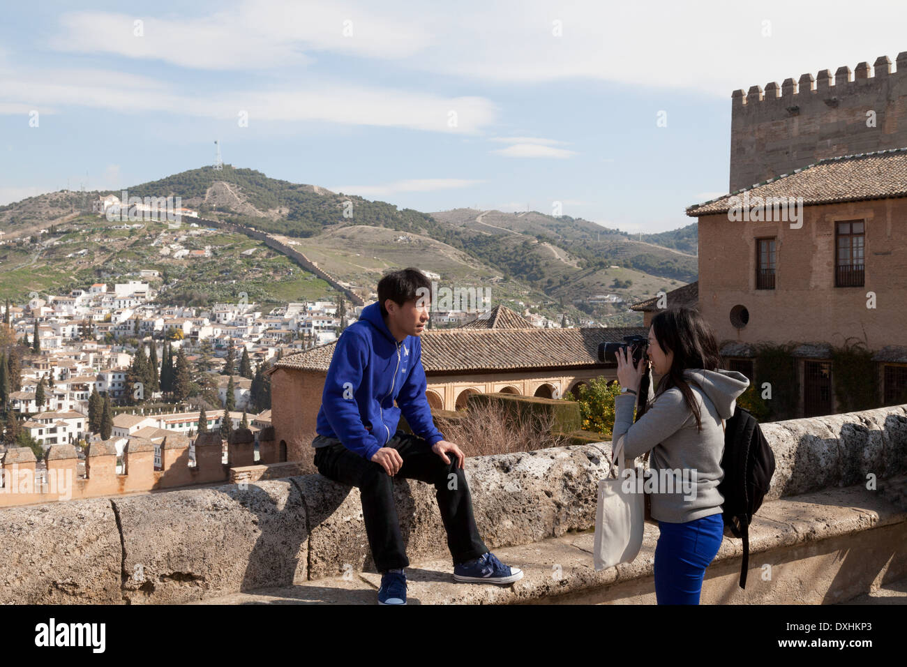 Japanese tourists in Europe - at the Alhambra Palace, Granada, Andalusia, Spain Stock Photo