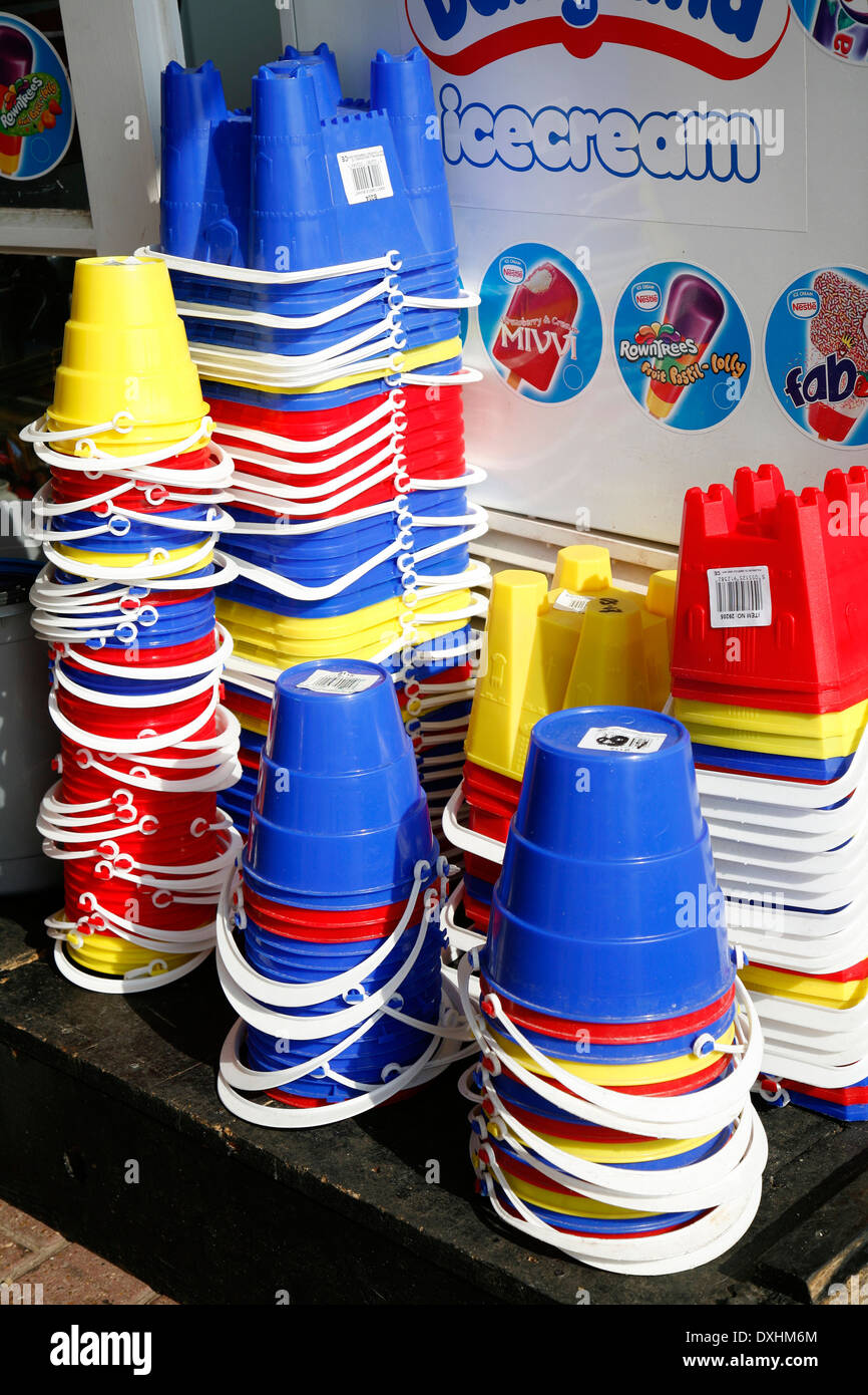 Bright plastic seaside buckets and spades and beach toys, Great ...