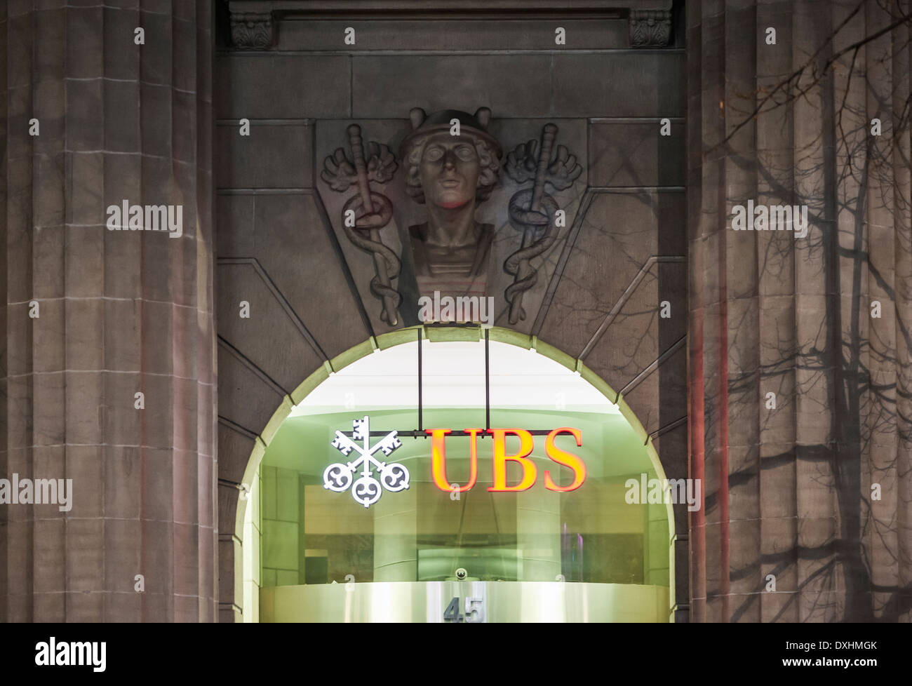 Entrance of UBS, Switzerland's largest bank in Zurich, Switzerland at night. Stock Photo