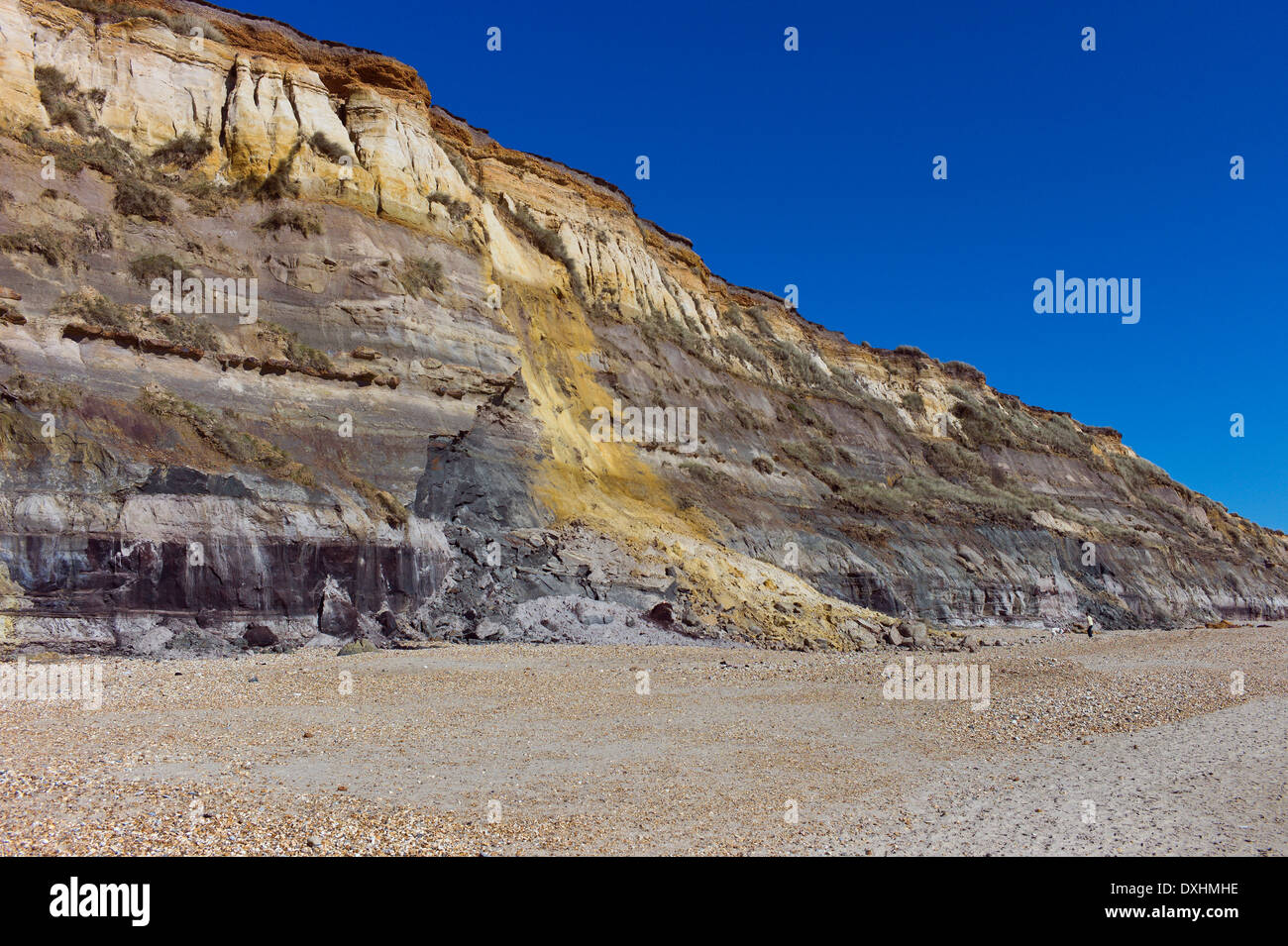 Rock fall from cliff erosion to the beach at Hengistbury Head, Dorset