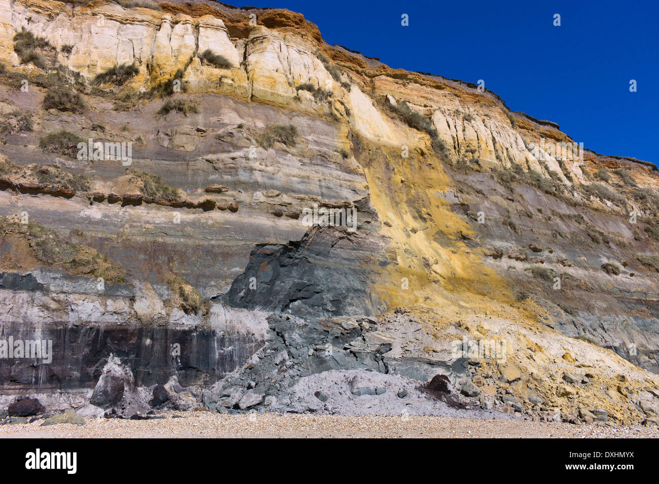 Rock fall from cliff erosion to the beach at Hengistbury Head, Dorset