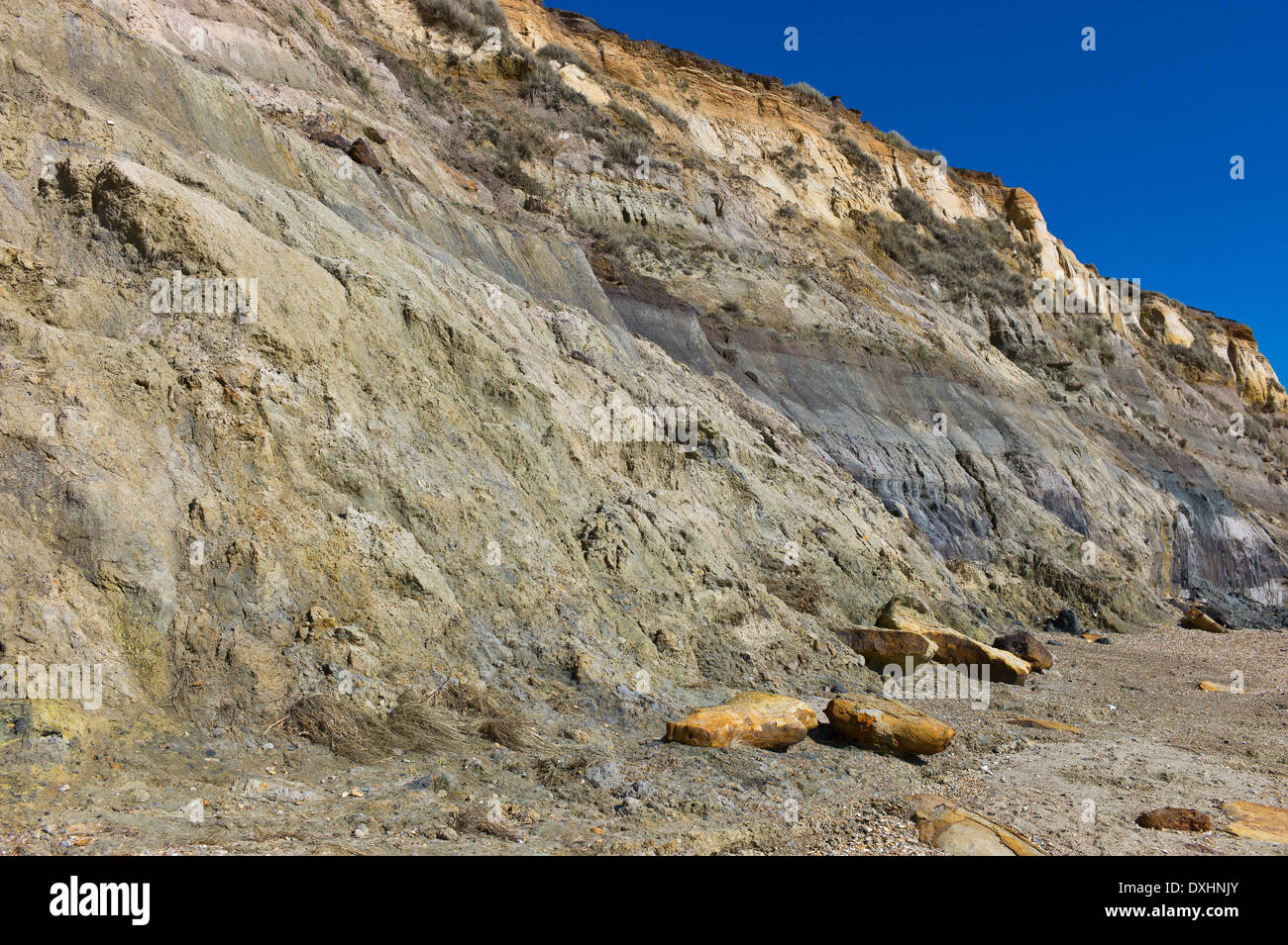 Rock fall from cliff erosion to the beach at Hengistbury Head, Dorset