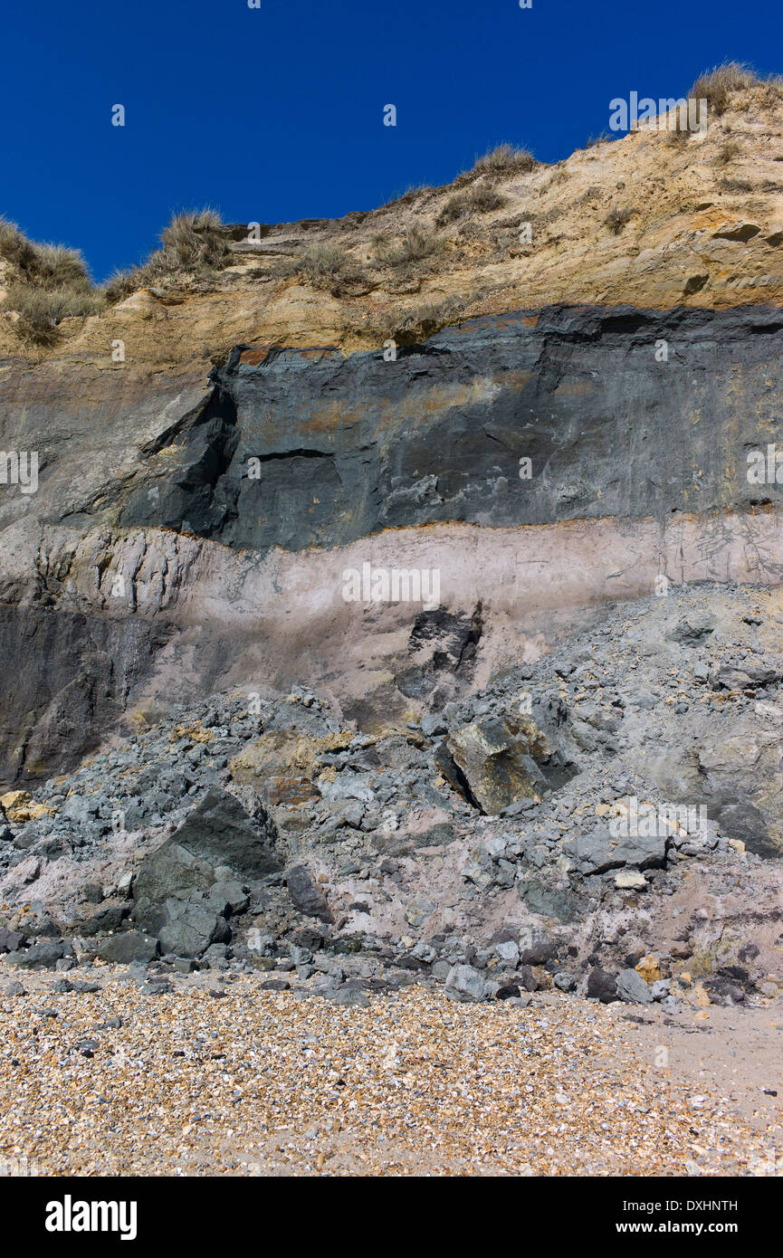 Rock fall from cliff erosion to the beach at Hengistbury Head, Dorset