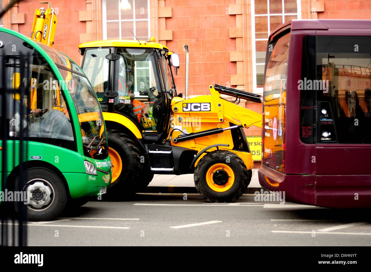 JCB Excavator Buses Traffic Congestion Nottingham Stock Photo