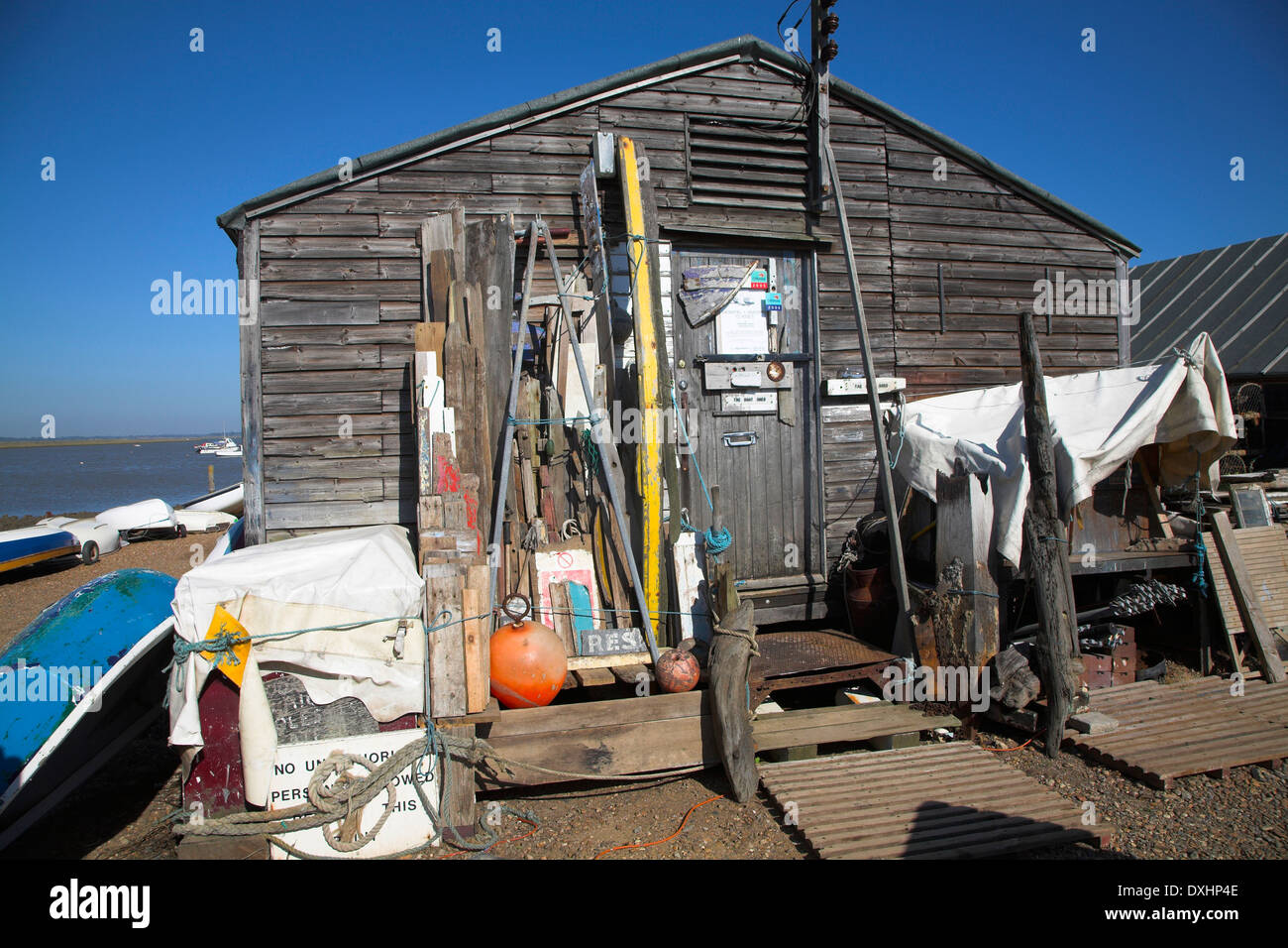 Fishing hut and equipment, Felixstowe Ferry, Suffolk, England Stock