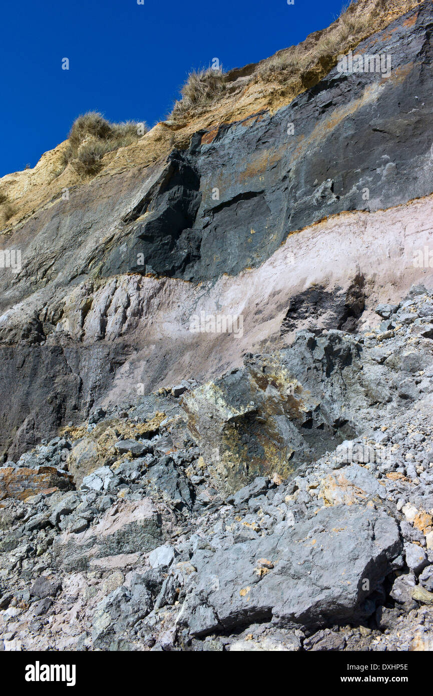 Rock fall from cliff erosion to the beach at Hengistbury Head, Dorset