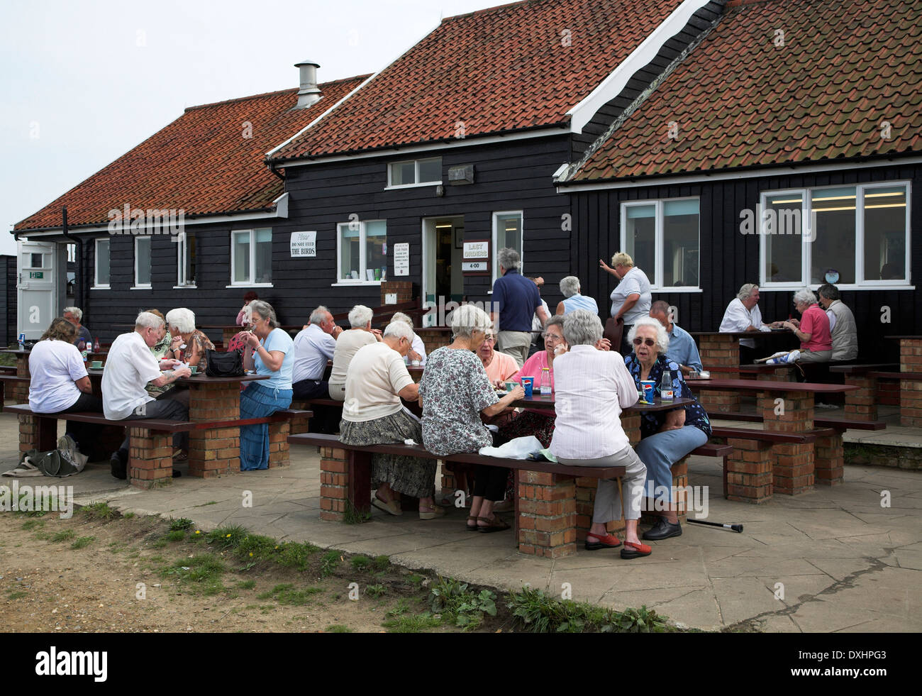 Elderly people eating outside eating fish and chips at the Flora tea rooms cafe, Dunwich, Suffolk, England, Stock Photo