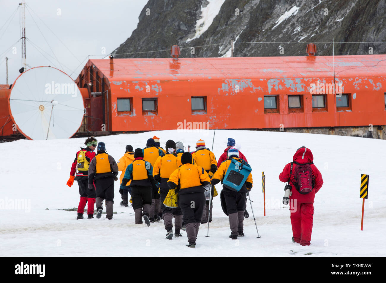 Passengers from an expedition cruise visit Base Orcadas which is an Argentine scientific station in Antarctica, Stock Photo