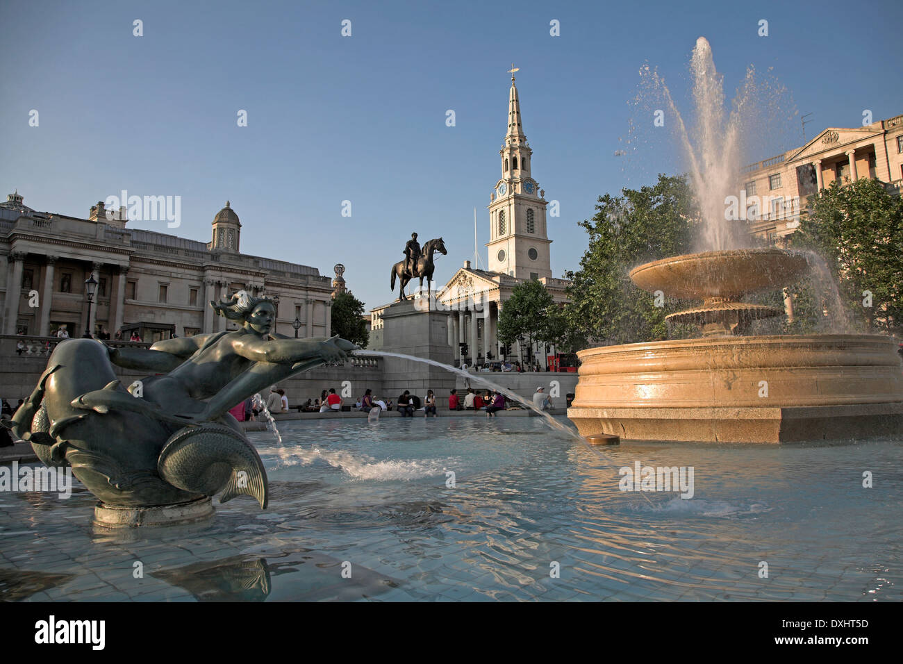 Fountain in Trafalgar Square and Saint Martin'´s in the Field church in background, London, England Stock Photo
