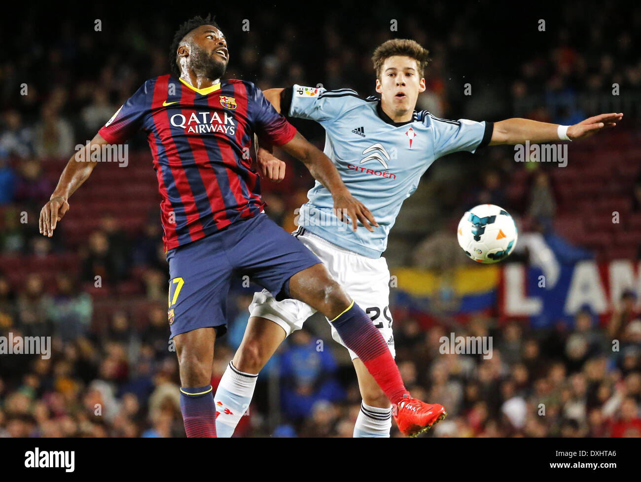Barcelona, Spain. 26th Mar, 2014. Song and Santi Mina in the match between FC Barcelona and Celta Vigo week 30 of the spanish Liga BBVA, played at the Camp Nou, the March 26, 2014. Photo: Joan Valls /Urbanandsport /Nurphoto Credit:  Joan Valls/NurPhoto/ZUMAPRESS.com/Alamy Live News Stock Photo