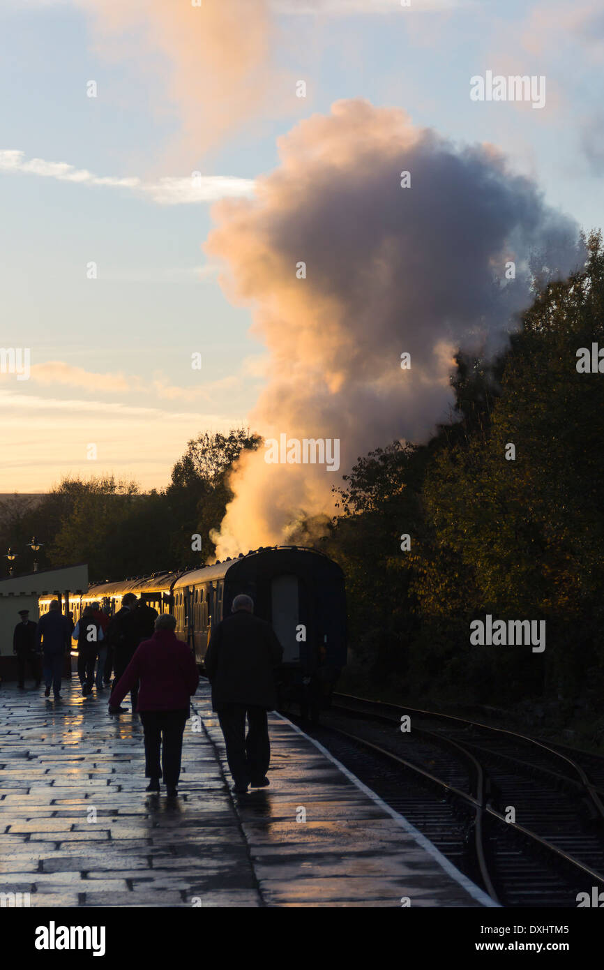 Smoke and steam from 61994, K4 class 'The Great Marquess', running round its train at Rawtenstall station on the ELR. Stock Photo