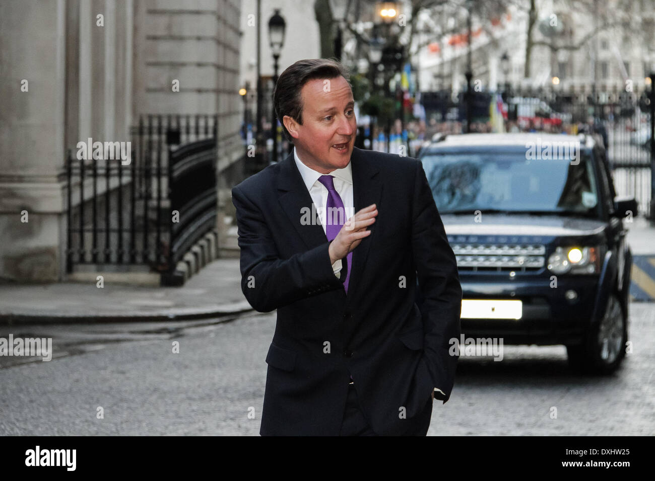 London, UK. 26th March 2014. British Prime Minster David Cameron outside 10 Downing Street in London Credit:  Guy Corbishley/Alamy Live News Stock Photo