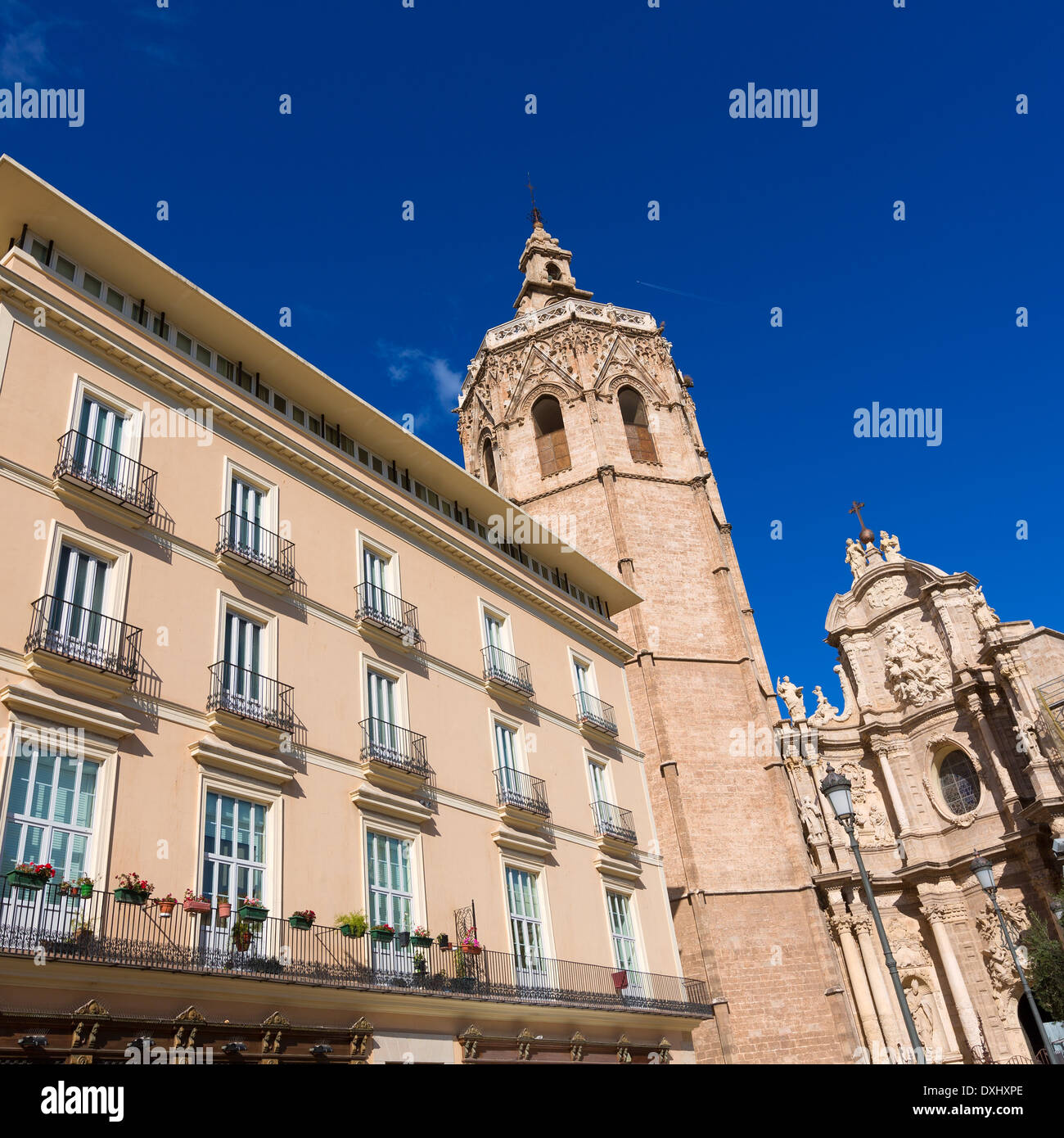 Valencia Cathedral facade and Miguelete Micalet in Plaza de la Reina at Spain Stock Photo