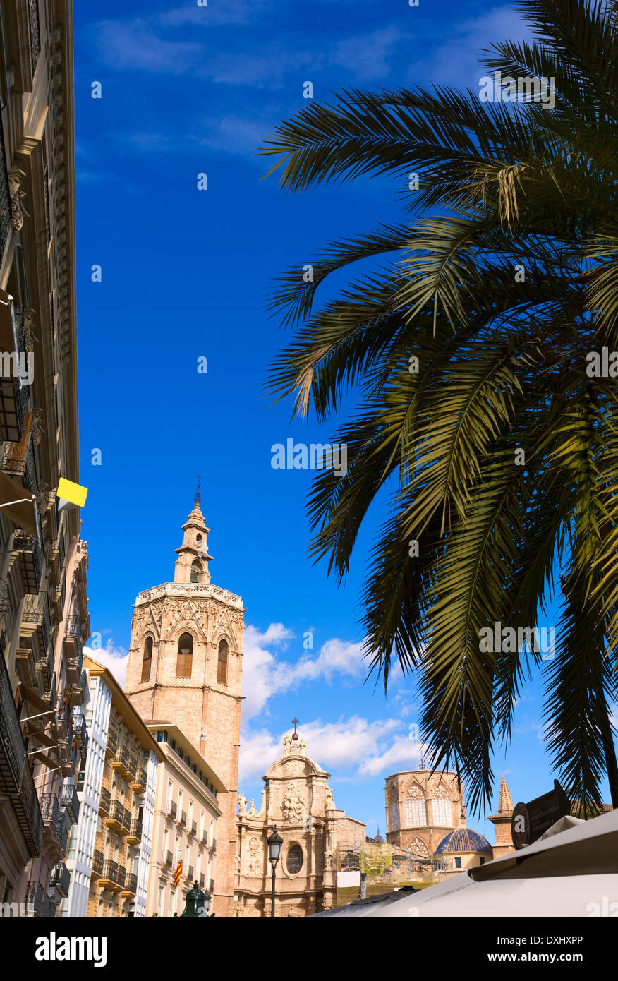 Valencia Plaza de la Reina square with Cathedral and Miguelete at Spain Stock Photo