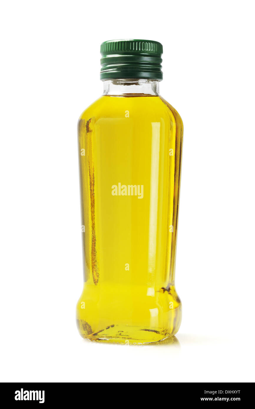 Olive Oil In Glass Bottle On White Background Stock Photo