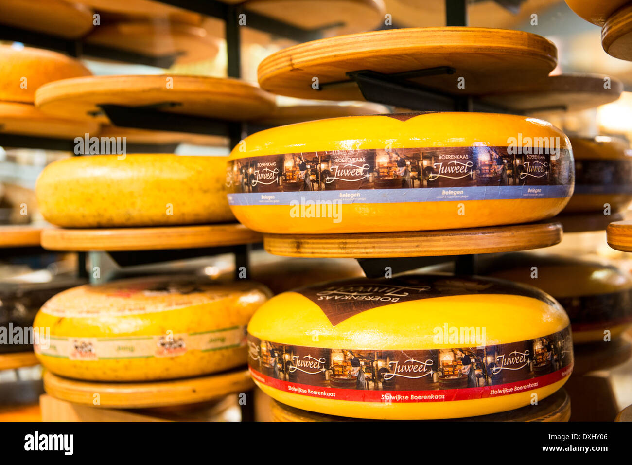 Rounds of cheese on display in a cheese shop in Amsterdam Stock Photo ...