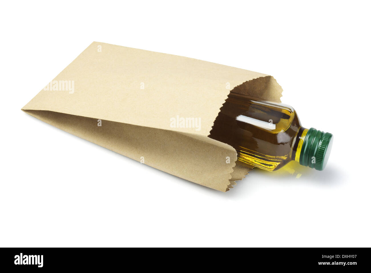 Bottle Of Olive Oil in Paper Bag Lying On White Background Stock Photo
