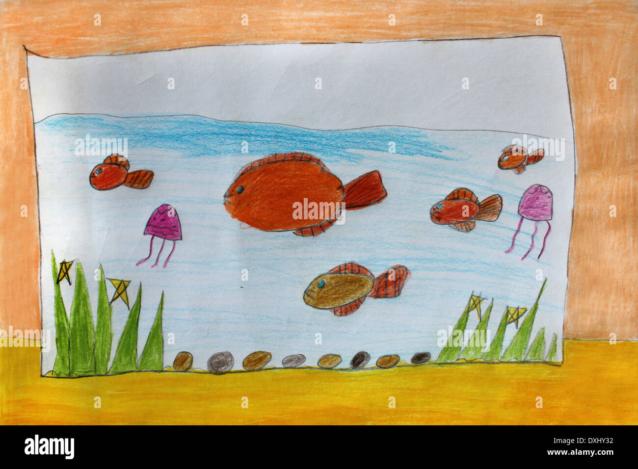 Multicolored child's drawing with fishes in the aquarium Stock Photo