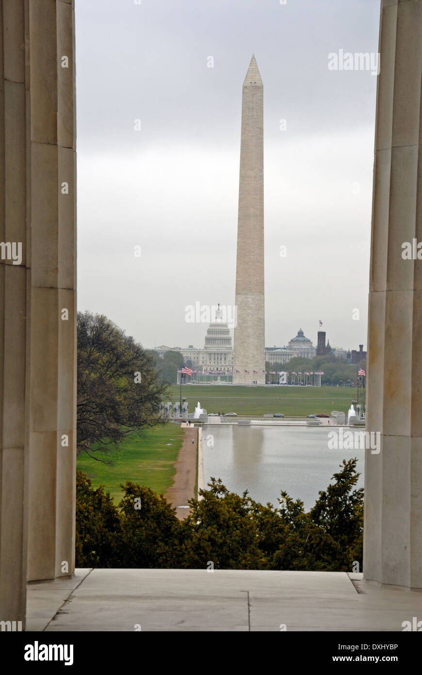 Washington Monument during Cherry Blossom time. Stock Photo