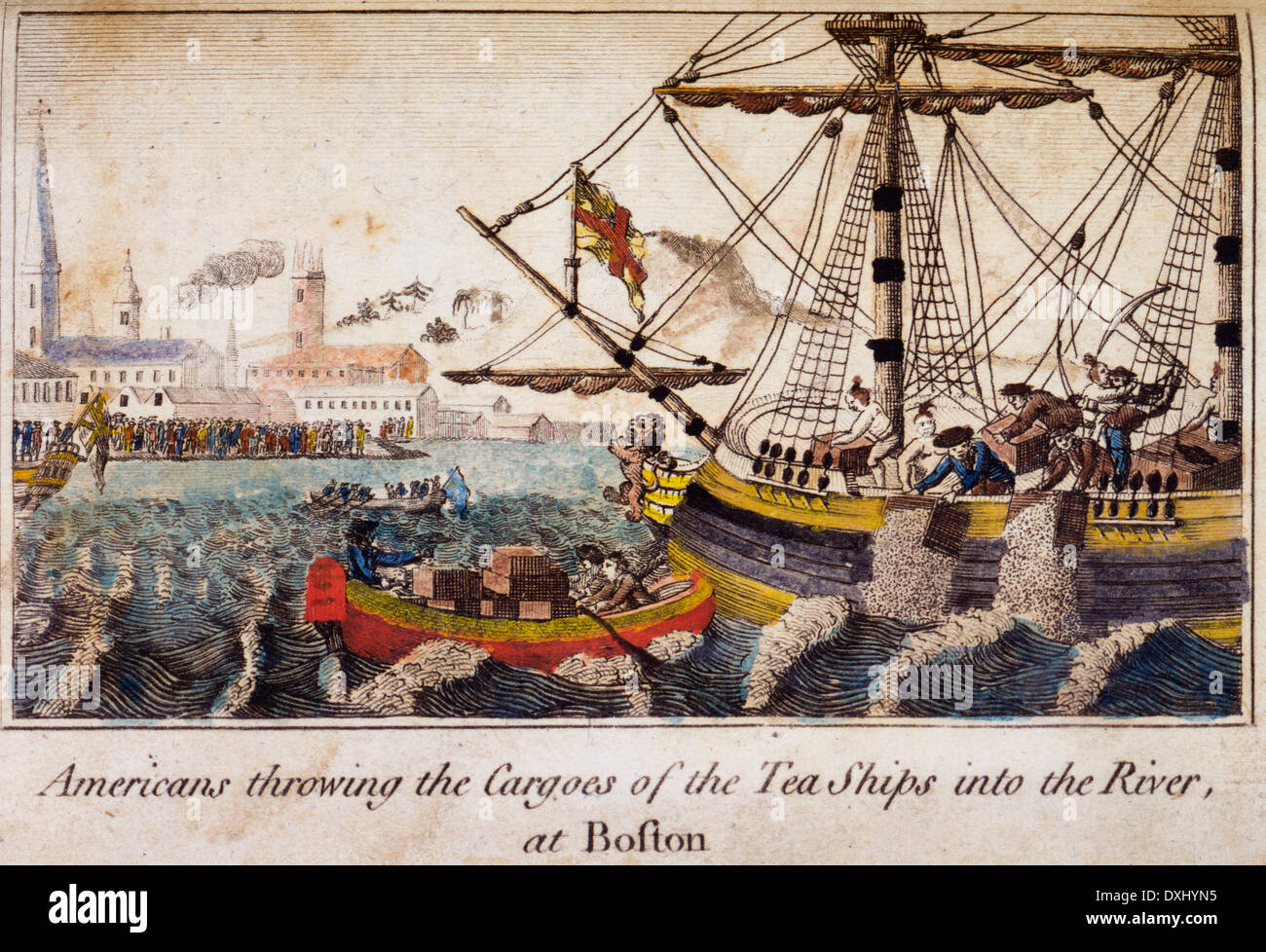 Americans throwing the cargoes of the Tea Ships into the river at Boston, Boston tea party Stock Photo
