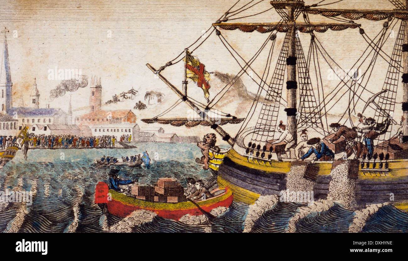 Americans throwing the cargoes of the Tea Ships into the river at Boston, Boston tea party Stock Photo