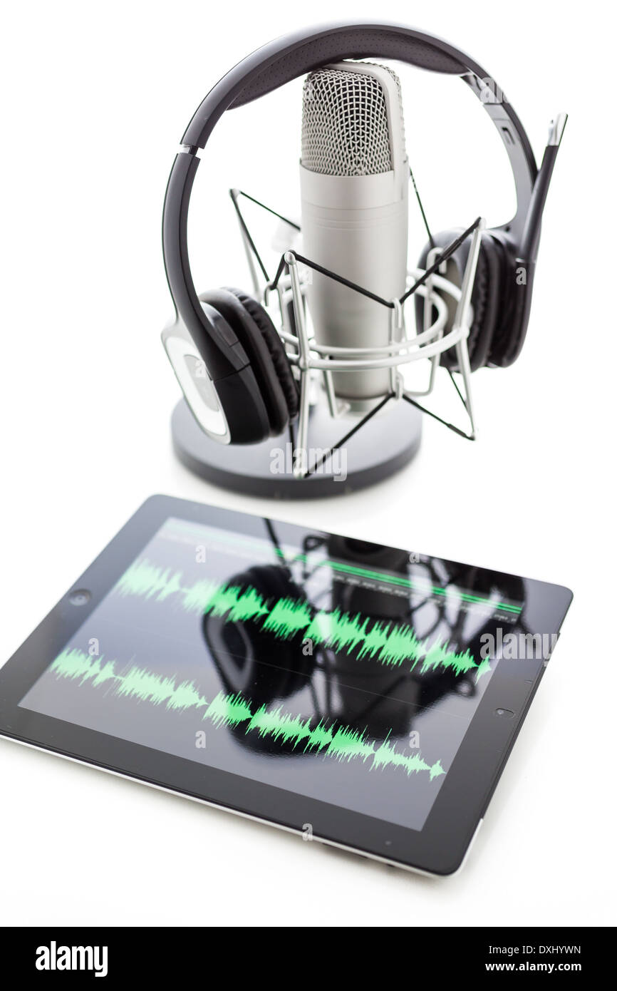 Studio microphone for recording podcasts with headset on a white