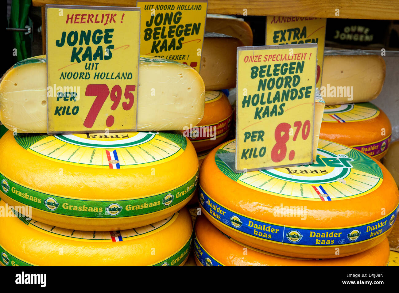 Rounds of cheese on display in a cheese shop in Amsterdam Stock Photo