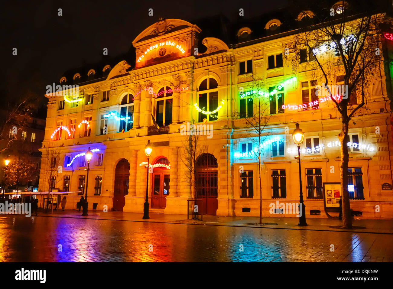 he Mairie of the IVth arrondissement decorated with neon signs in many languages celebrating differences, Paris, France Stock Photo