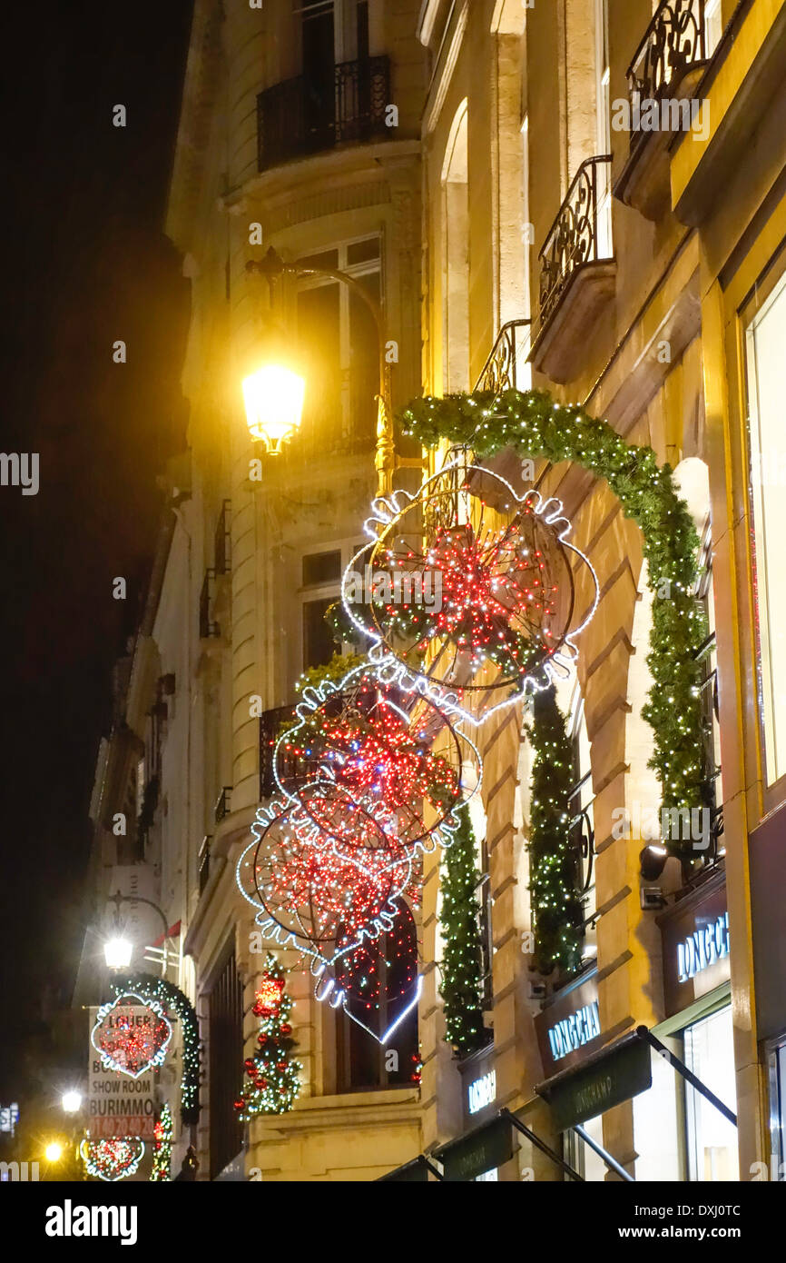 Christmas decorations on Rue St Honore, Paris, France Stock Photo