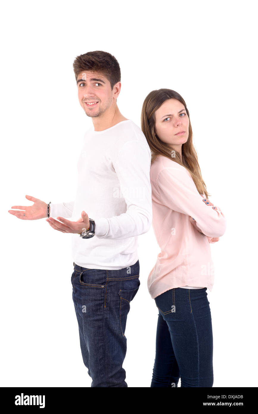 Young couple in disagreement isolated in white Stock Photo