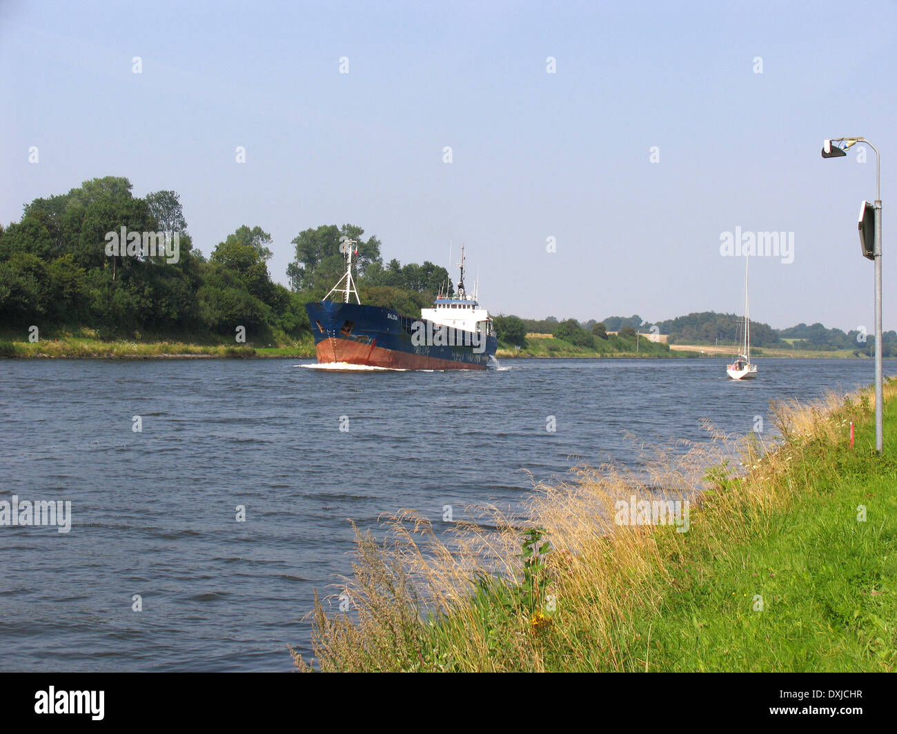 The Kiel Canal. The Kiel Canal connects the North Sea with the Baltic Sea (Kiel Fjord). This waterway is the most frequented artificial waterway in the world based on the number of ships. Photo: Klaus Nowottnick Date: August 07, 2007 Stock Photo