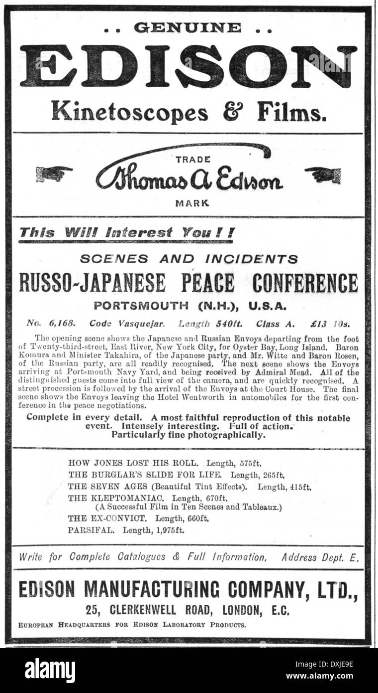 ADVERT FOR EDISON KINETOSCOPES AND FILMS Stock Photo