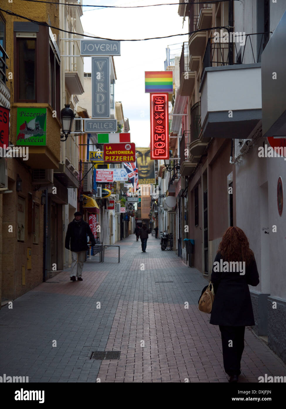 Typical shopping street in the old town part of Benidorm, Spain Stock Photo  - Alamy