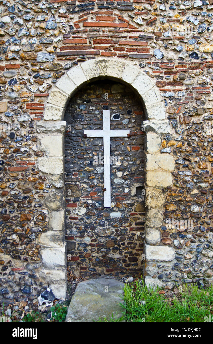 Norman vestry door outside St. Martin's church, Chipping Ongar, Essex, England Stock Photo