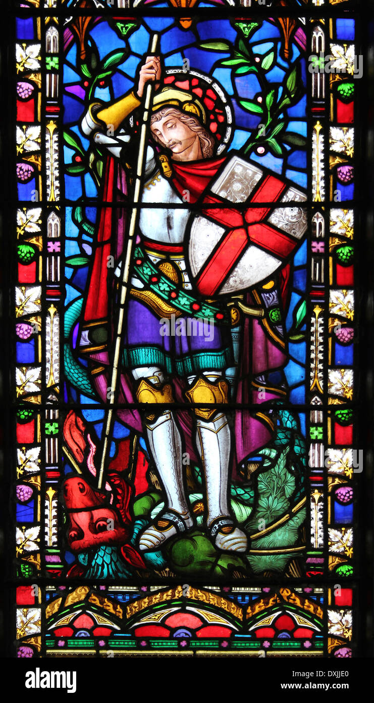 Stained Glass Window Depicting Saint Killing The Dragon Stock