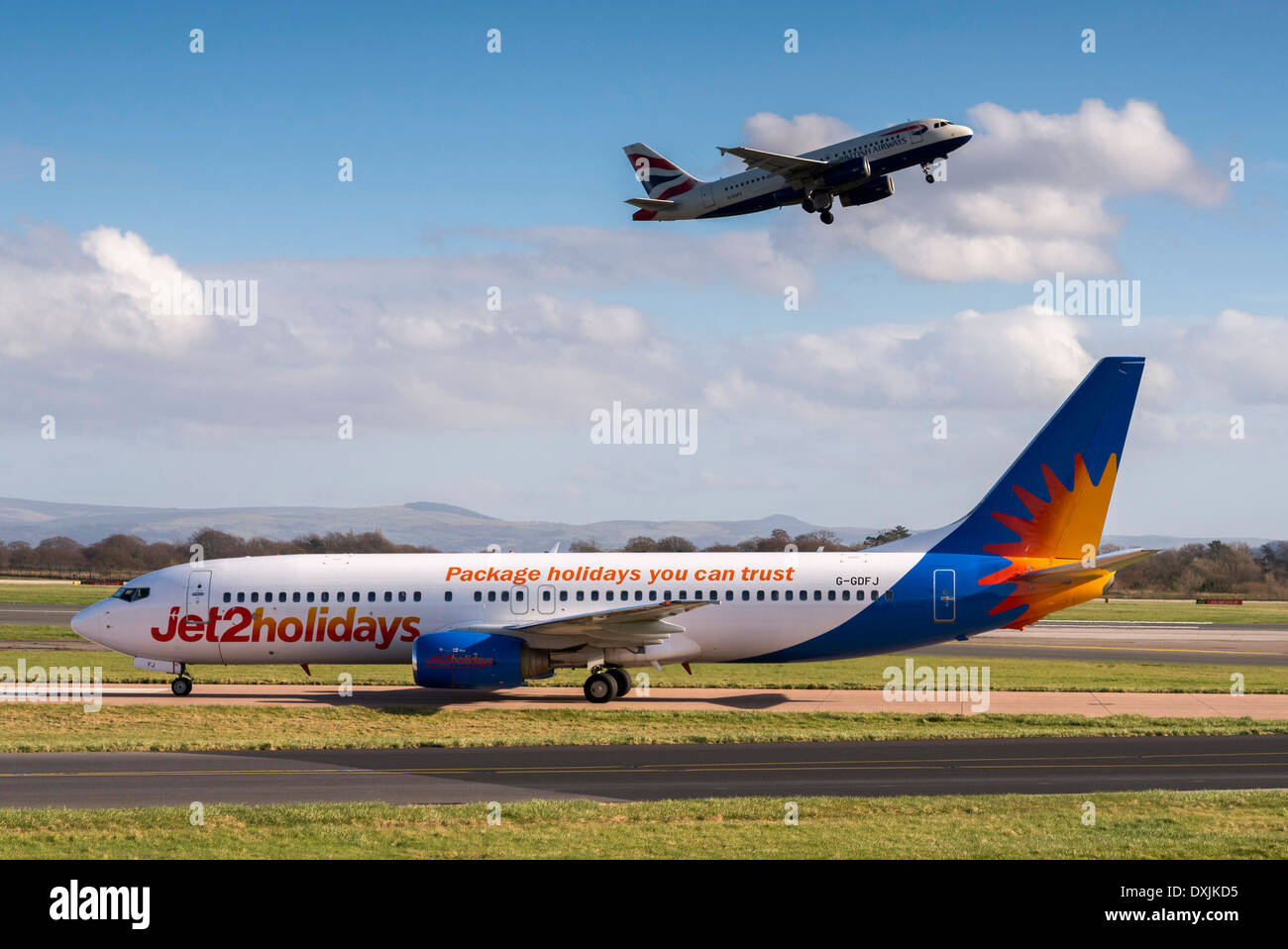 Aircraft at Manchester airport. Jet2 Boeing 727 with British Airways
