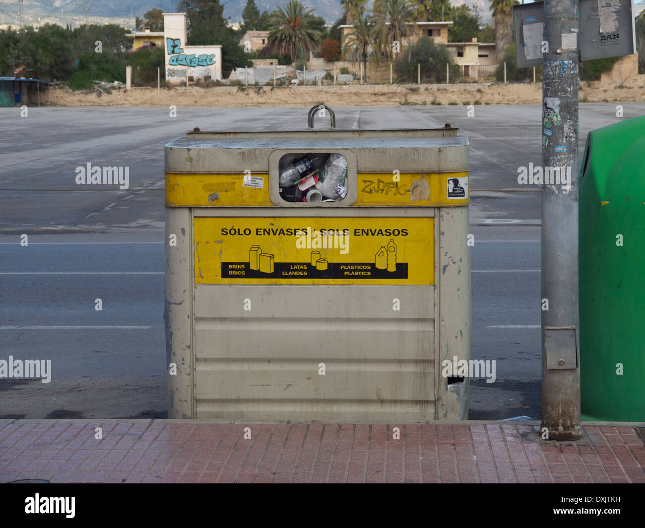 Recycling bin for plastic containers and bottles in Benidorm, Spain. Stock Photo