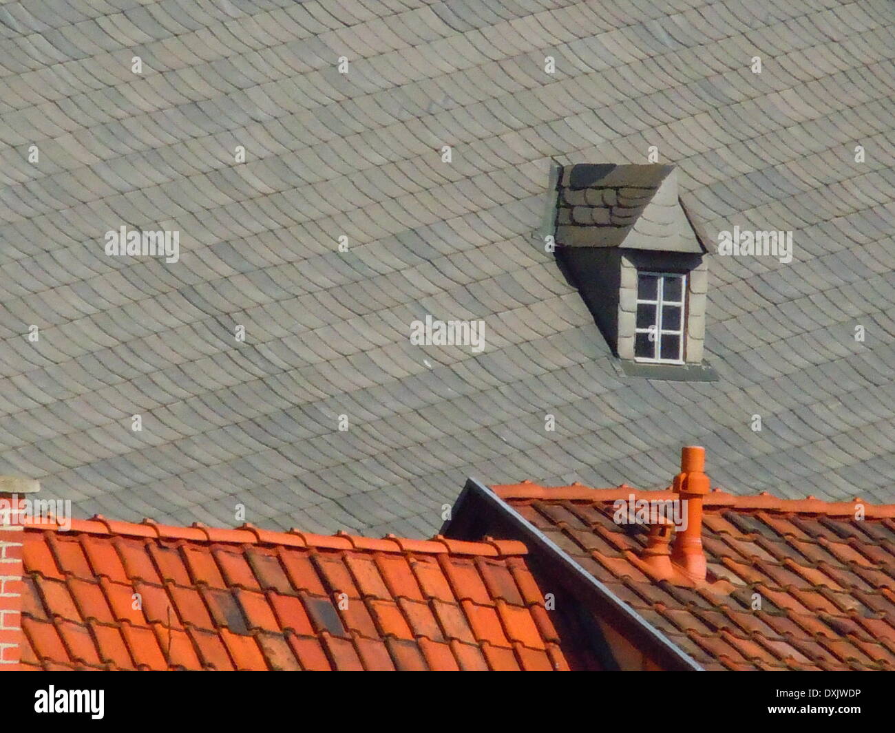 slate roof and tile roof in Quedlinburg, 13 March 2014. Stock Photo